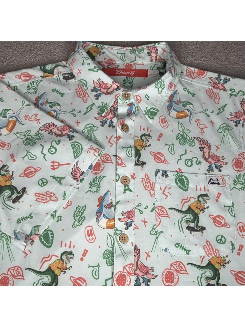 Shinesty Fruit Smash Shirt Mens Large Tropical Dino Shark Button Up Party